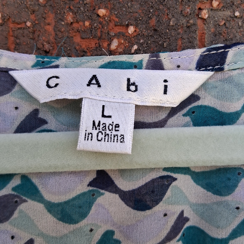 Cabi Bird Print Sheer Wrap Blouse L Blue Green Flowy Boho Chic Top - Picture 7 of 14